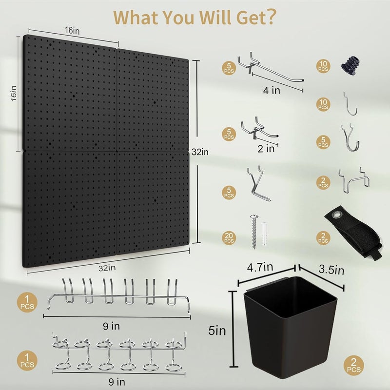 FZK Pegboard 32"*32",Black Pegboard 4pcs and 46 Peg Board Hooks with Strong Ribs Back Holds up for 200Ib,Peg Board Organizer for Walls for Garage Workshop Office - Image 2